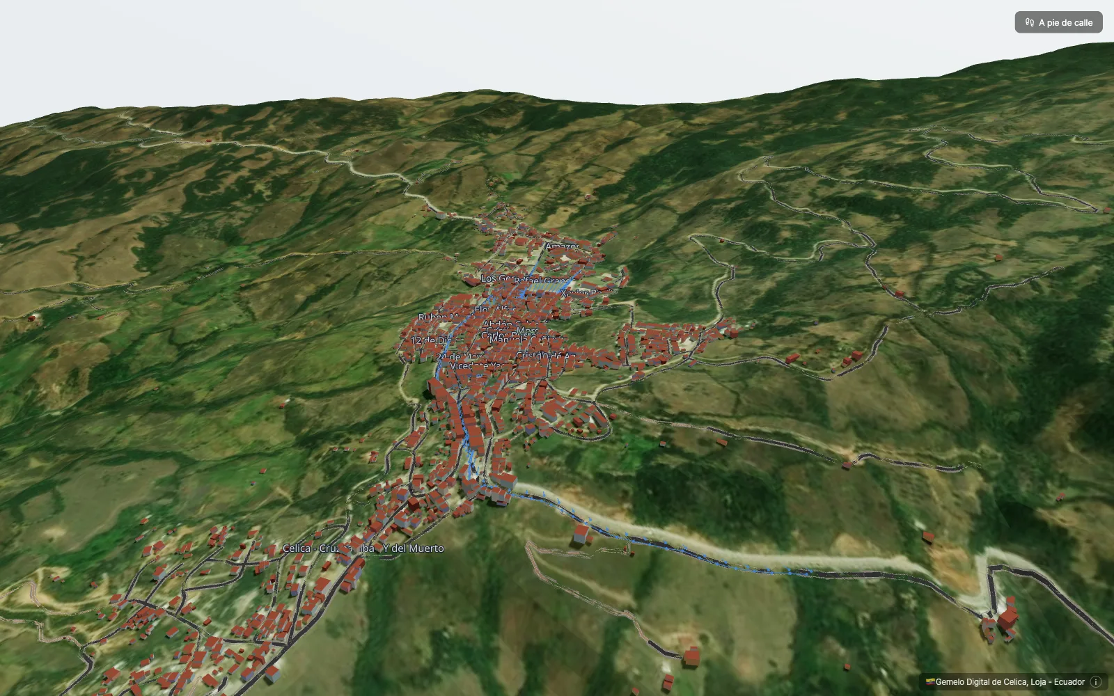 Celica Digital Twin cover: navigable 3D aerial view of the Celica canton with streets, buildings, and a street-level walking mode.