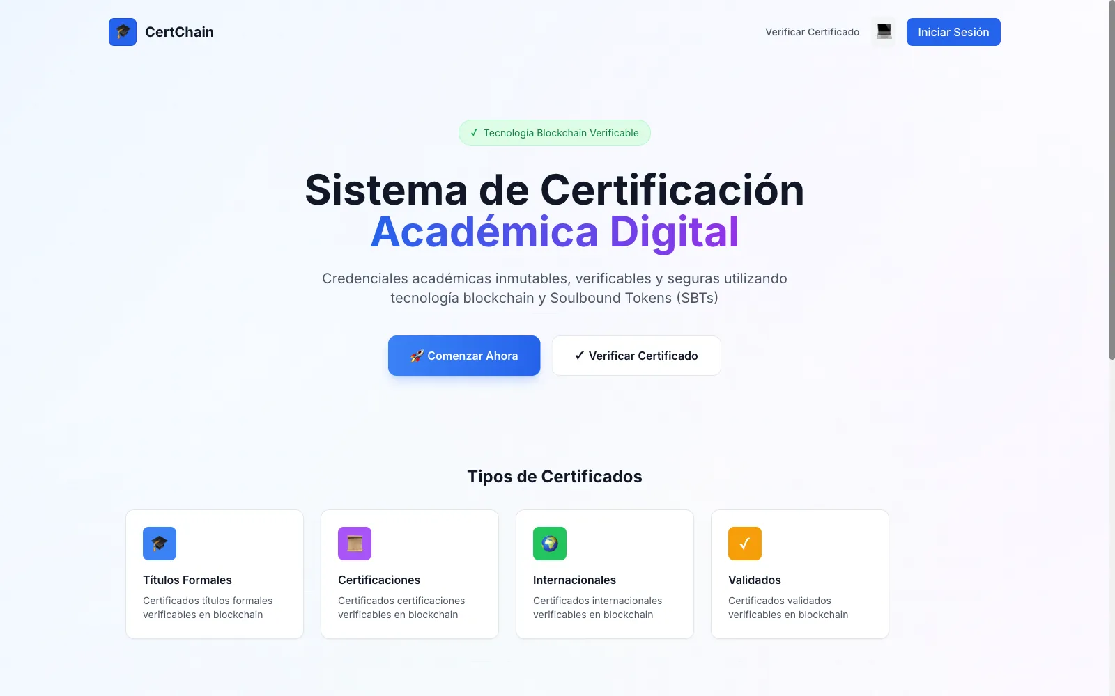 CertChain cover: home screen of the digital academic certification system, showing the types of blockchain-verifiable credentials.