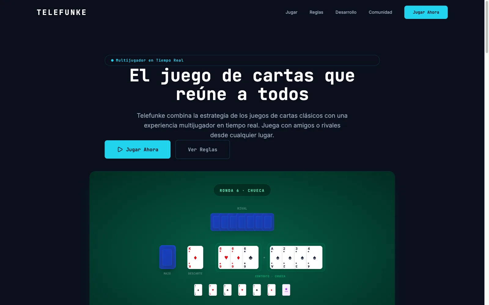 Portada de Telefunke: página de inicio y mesa de juego en vivo con las cartas de un jugador, el descarte y el contrato de la ronda.