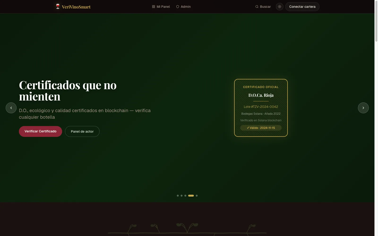 VeriVinoSmart cover: official D.O.Ca. Rioja certificate card verified on the Solana blockchain, with a button to verify certificates.