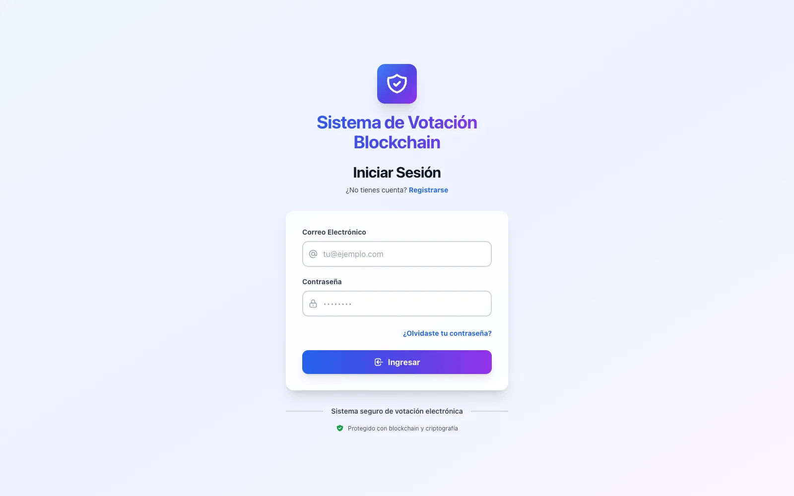 VotoChain cover: login screen of the blockchain-based electronic voting system.