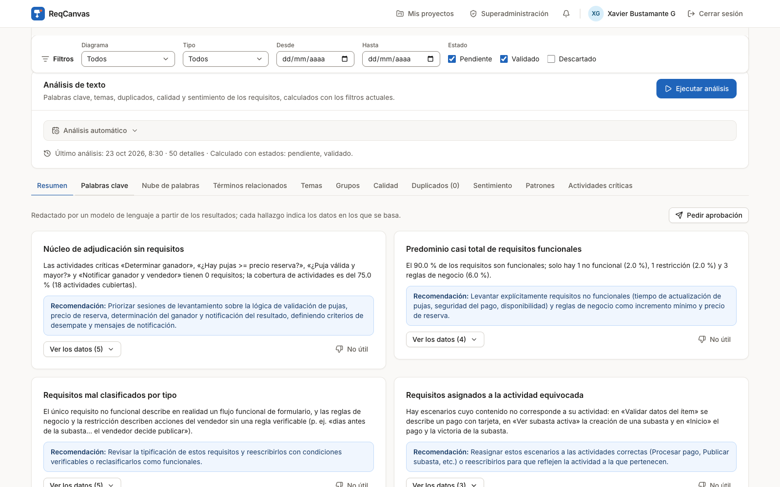 Análisis de texto en ReqCanvas: hallazgos y recomendaciones redactados por un modelo de lenguaje a partir de los requisitos