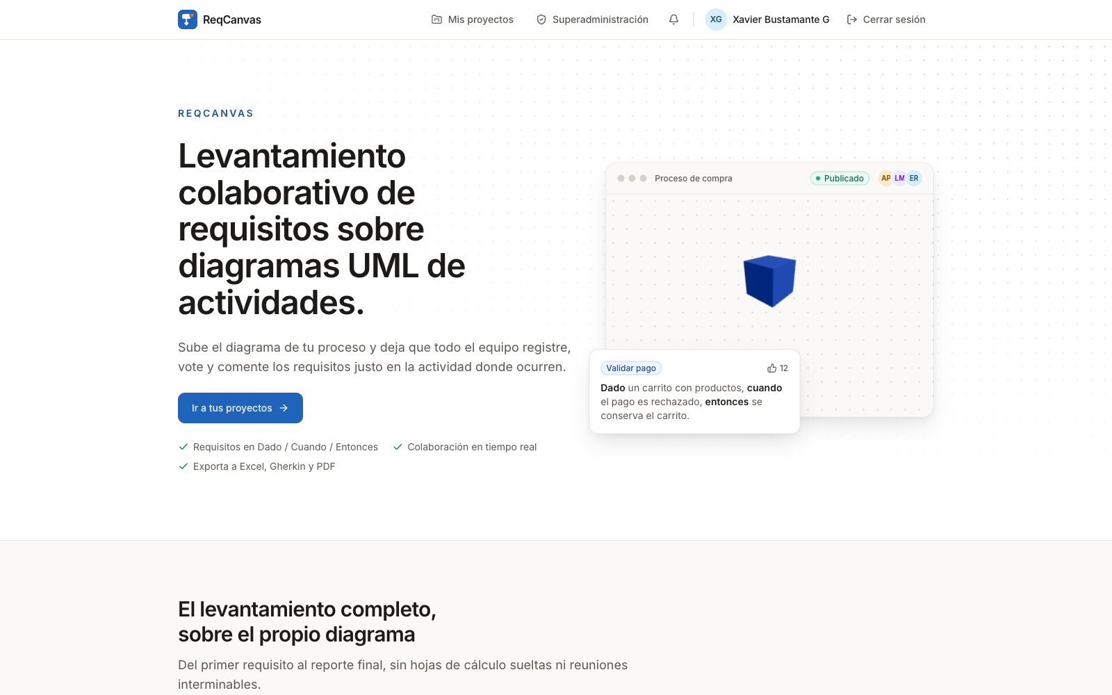 Página de inicio de ReqCanvas: levantamiento colaborativo de requisitos sobre diagramas UML de actividades